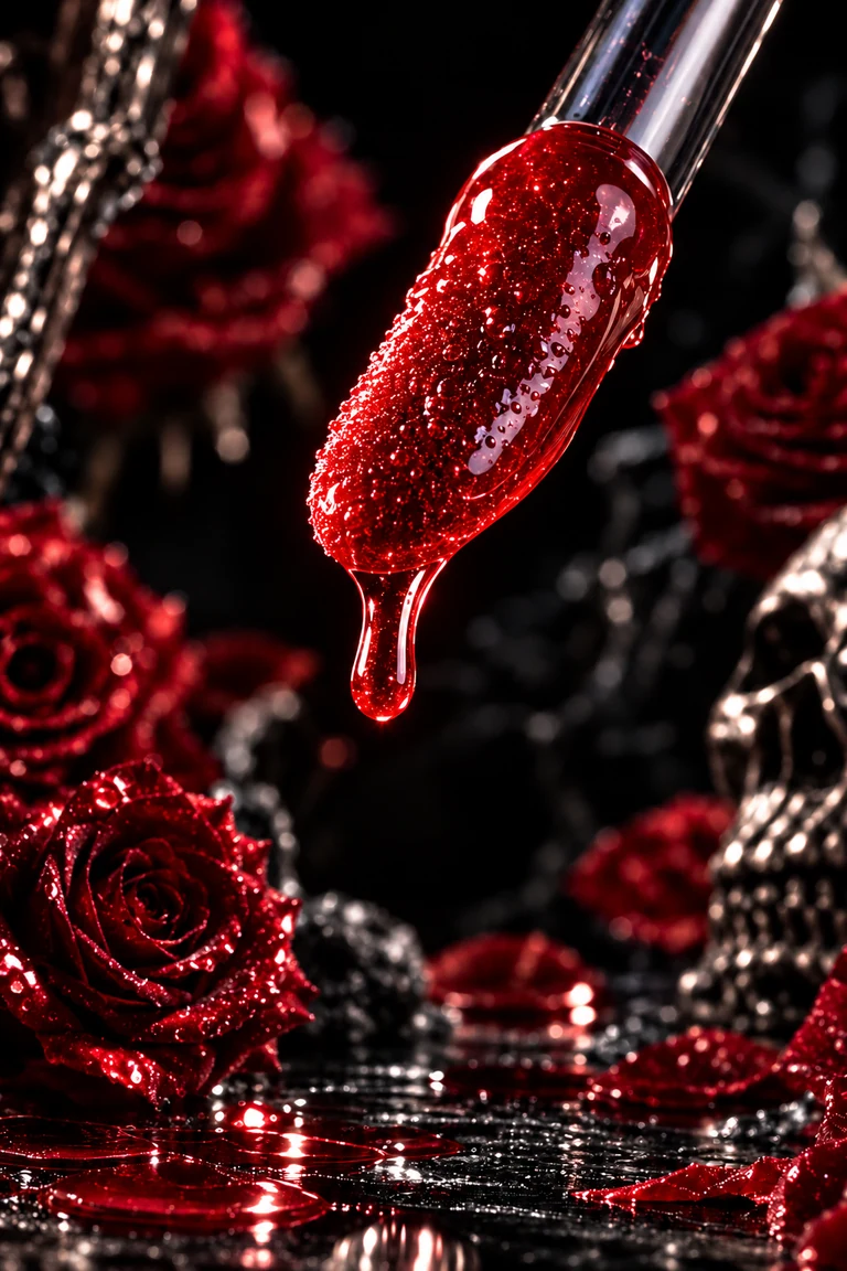 Blood sheer crimson glitter lip gloss on an applicator above red roses and silver skulls