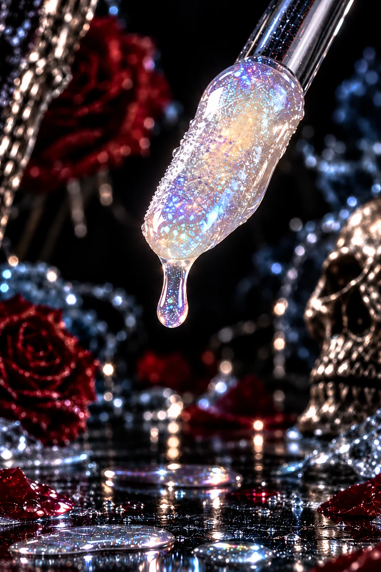 Tears clear iridescent lip gloss on an applicator above dark roses and silver skulls